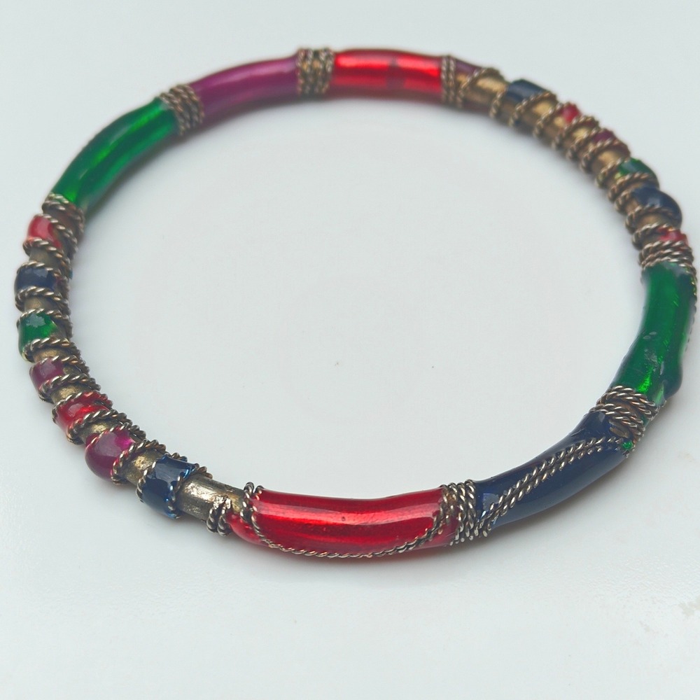 Vintage Enamel Bangle Bracelet Bronze Tone Twisted Wire Wrap Boho Red Green Blue